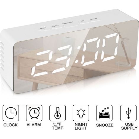 Réveil alimenté, horloge miroir portable moderne alimentée par batterie, grand écran LED numérique, Smart Snooze multifonction 12/24 heures, température au format, luminosité réglable