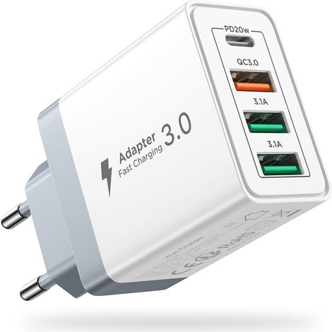 Chargeur USB, 40W Prise USB Multiple 4 Port Chargeur iPhone Rapide Type C Adaptateur Secteur USBC pour iPhone 16 15 14 13 12 11 Pro Max X XS XR 8 7 6S Plus Mini, iPad,Samsung Blanc 1Pack 3A1C (1/5)
