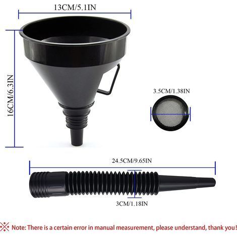 Lot de 3 entonnoirs en plastique noir avec tuyaux flexibles rallongés — Entonnoirs de remplissage anti-déversement avec filtres intégrés (1/2)