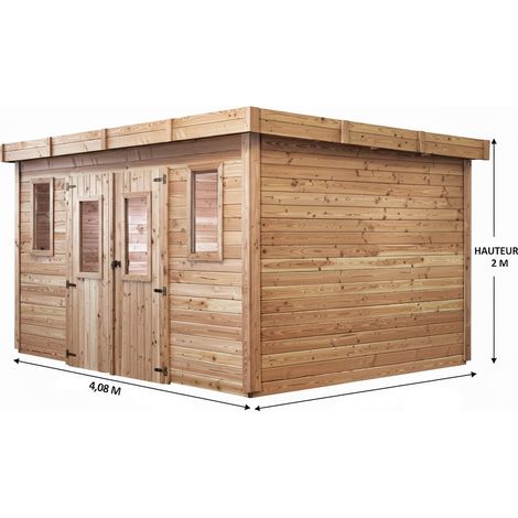 HABRITA Abri de jardin bois massif 10,27 m² - madriers 28 mm - toit plat polycarbonate - double porte vitrée + fenêtres