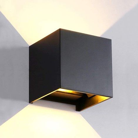 Applique murale LED d'extérieur en aluminium étanche — Luminaire mural carré style cube, 3000 K (Blanc chaud), Éclairage haut/bas, Noir, 6 W