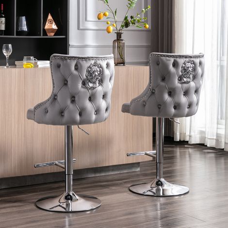Wahson Set di 2 Sgabelli Cucina in Velluto Regolabili in Altezza, Sgabello da Bar Stile Moderno con Poggiapiedi in Metallo, per Isola Cucina/Ristorante, Grigio