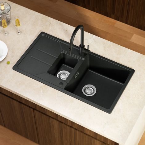 CECIPA MAX Küchenspüle 86 x 45 cm Granit Aufsatzspüle 1,5 Becken mit Abtropffläche, Granitspüle inkl. Siphon Ab- und Überlaufgarnitur