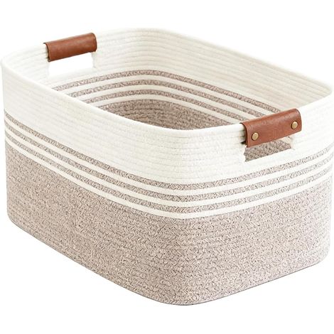 Petit panier à linge tressé en corde de coton - 45 x 35 x 27 cm - Panier de rangement avec poignées en cuir - 45 l - Pour coussins, vêtements, doudous, linge, couvertures (blanc et marron) (1/5)