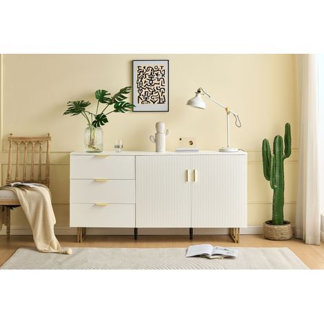 Buffet Moderne avec 3 Tiroirs et 2 Portes – Grand Espace de Rangement, Meuble en MDF Facile à Entretenir avec Poignées Dorées, pour Salon et Salle à Manger (1/4)