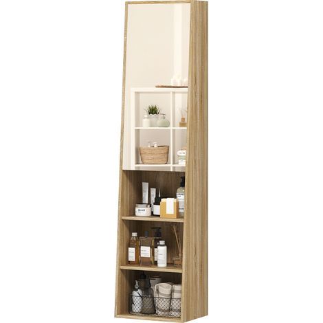 Meuble salle de bain colonne trapézoïdal avec porte miroir, étagère à 6 niveaux, 40 x 30 x 165 cm (1/5)