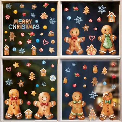 Sticker Fenetre Noel - Bonhomme Pain Depice - Deco Interieure Sans Colle - 4 Feuilles 88 Pieces - Pour Fenetres Portes Refrigerateurs (1/5)
