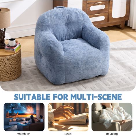 Fauteuil poire en fourrure synthétique bleue, garni de mousse déchiquetée, canapé beanbag avec accoudoirs, pour salon, chambre et lecture, sans montage requis (1/5)