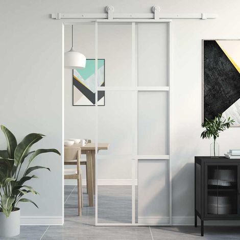 Porte coulissante blanche, 76 x 205 cm, verre trempé et aluminium