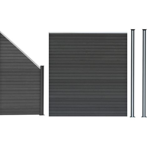 Pannello Recinzione con Elemento Angolare + 3 Pali in Metallo LED 185x273cm Grigio Effetto Legno Bifacciale Frangivista Esterno Giardino Patio Alluminio WPC con Illuminazione Solare