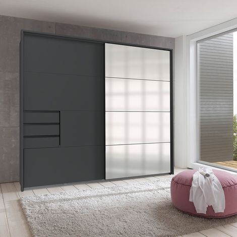 Schwebetürenschrank 2-türig 225cm, inkl. Passepartoutrahmen, graphit mit Spiegelfront, STRATFORD-43 (1/4)