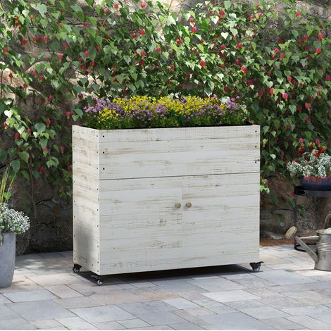 Fioriera in legno con armadietto, ruote e tessuto non tessuto, 110 x 50 x 95 cm, bianco, OKWISH (1/5)