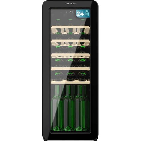 Integrierbarer, mattschwarzer Weinkühlschrank mit Touch-Öffnungssensor mit einem Fassungsvermögen von 57 Flaschen auf 5 Holzablagen, 88,5 cm hoch und 59 cm breit. (1/3)
