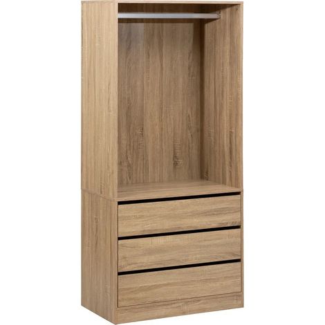 Pegane – Dressing penderie en bois naturel avec 3 tiroirs – Longueur 80 cm – Profondeur 48 cm – Hauteur 180 cm – Design épuré pour rangement optimal (1/5)