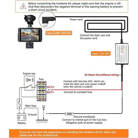 Kit de Câblage pour Caméra Embarquée, Port Connecteur micro USB L, Protection Basse Tension Pour Caméras Embarquées, DC 12V–24V à 5V/2.5A, kit de Câble de Chargeur de Voiture avec Fusible (1/4)