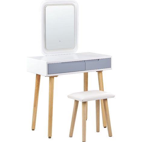 Coiffeuse Blanc et Gris en Bois 2 Tiroirs Miroir à LED et Tabouret Scandinave Dieppe