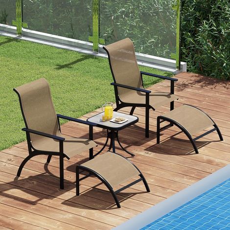 GOPLUS 5 Pcs Salon de Jardin Exterieur 2 Personnes, 2 Transat Jardin Exterieur avec 2 Poufs et 1 Table d’Appoint, Salon de Jardin Balcon avec Chaise Longue Exterieur et Tabouret, Charge 90+180KG (1/5)