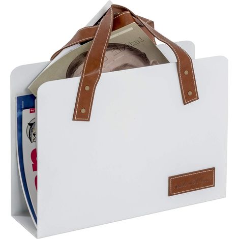 Porte-journaux portable en métal blanc avec poignées en similicuir marron - Dimensions : L 35 x H 38 x P 10 cm, Style : Moderne (1/4)