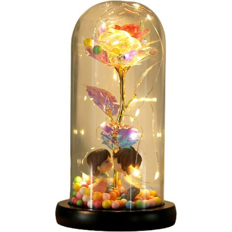 Rose En Or 24K Foil Multicolore Avec Boite Lumineuse LED Et Verre - Cadeau Romantique Pour Amoureux, Interrupteur Basique (Piles AAA Non Inclues)-KZQ (1/2)