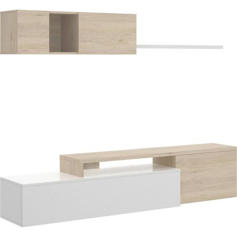 Dmora - Parete attrezzata Axayazala, Set da soggiorno modulare ad angolo, Mobile salotto porta TV multiposizione, 201x41h180 cm, Bianco lucido e Rovere (1/5)