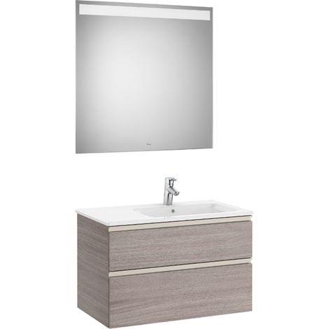 Pack meuble "The Gap" 800 - 2 tiroirs + lavabo slim droite + miroir LED - city oak/poignées nickel mat - Roca (1/2)