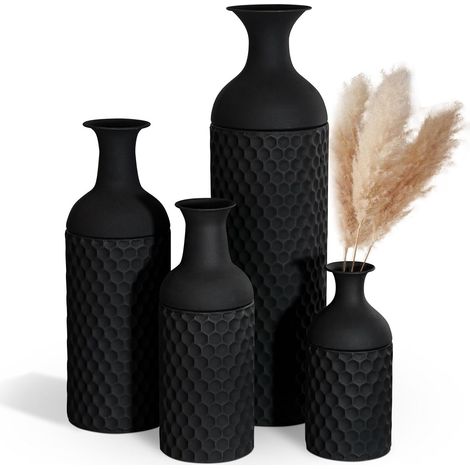 Grands vases Noirs, Vase de Sol 69/51/42/30 cm, 4 pièces, Vase à Fleurs Moderne en métal à Texture alvéolée pour Le Salon, la Maison, Le Coin Salon, Le Couloir (avec Surface dépolie) (1/5)