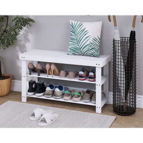 Banc Étagère à Chaussures en Bambou Naturel 3 Niveaux (Charge admissible: 120 kg) Idéal pour l’entrée, Salle de Bain, Salon, Couloir, Blanc (1/5)