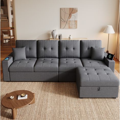 Modulares Ecksofa mit Stauraum-Hocker, LED, USB und Type-C, grau OKMYHOME (1/5)
