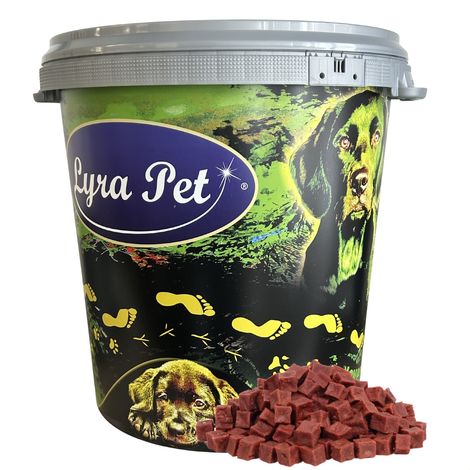 5 kg de cubes de viande de cheval Lyra Pet® dans un bac de 30 L