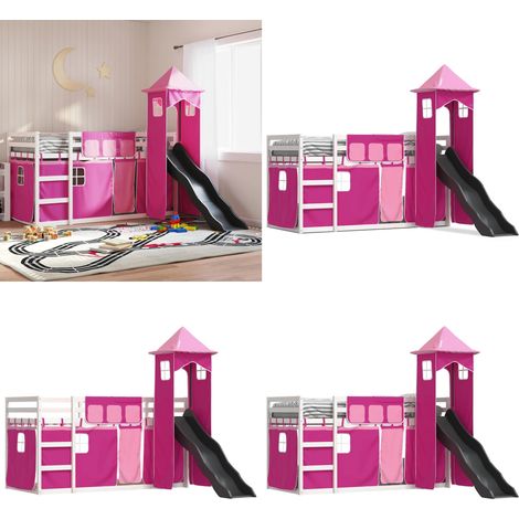 Lit superposé sans matelas avec toboggan et rideaux 90x190 cm - Lit Superpose - Lit Enfant - Lit Avec Toboggan - Lit Design - Meubles Enfant - Home & Living