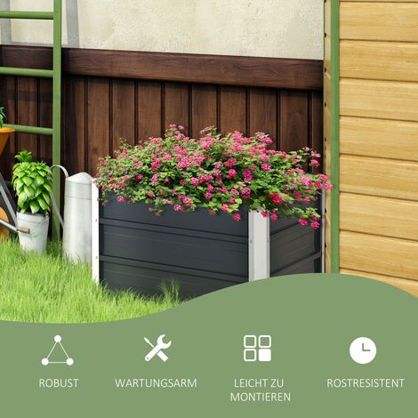 Coffre de jardin surélevé en acier robuste, bac à planter gris anthracite 66x47x40cm avec gants inclus, potager fleurs. (1/5)