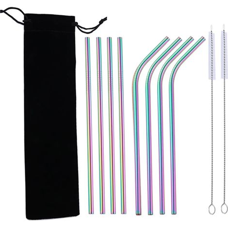Pajitas de acero inoxidable reutilizables, 8 pajitas de bebida metálicas en un conjunto, con 2 cepillos de limpieza, ecológicas, no tóxicas, lavables, ideales para smoothie, batido (1/4)