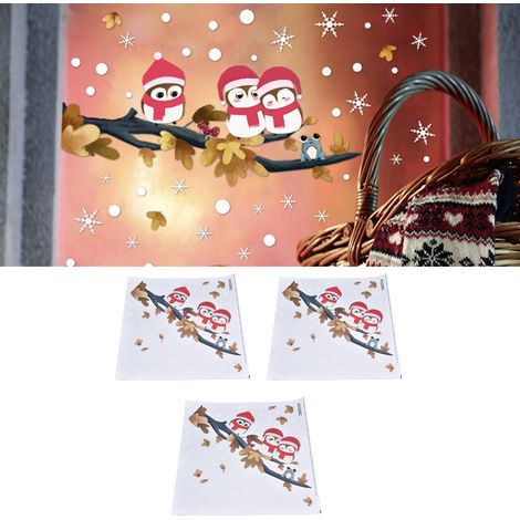 Set mit 3 statisch haftenden PVC-Aufklebern mit Eule, Ast und Schneeflocken für Glas, Weihnachtsmotiv. Kreative und schlichte Wandaufkleber JUV205-C (1/5)