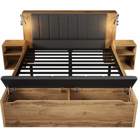 Doppelbett 160x200 cm mit Matratze, Nachttischen, Stauraumbank, USB-Lampen, Eiche (1/5)
