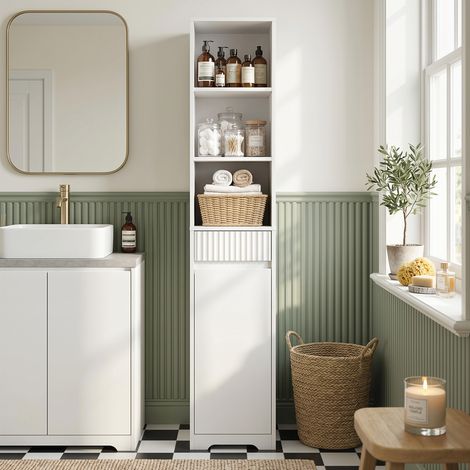 Meuble salle de bain haut blanc avec porte, tiroir, compartiments ouverts et étagère réglable. (1/5)