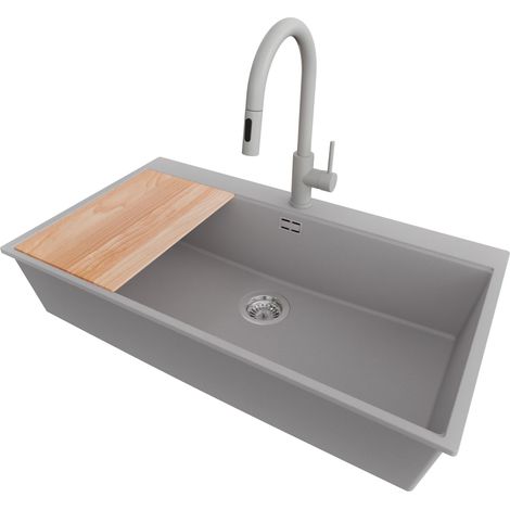 PRIMAGRAN Evier Cuisine en Granit 88x50cm,Lavabo 1 bac + Robinet 40x20cm + Kit de Vidage + Planche à Découper, Évier à Encastrer au meuble 90cm - Oslo, Gris (1/5)