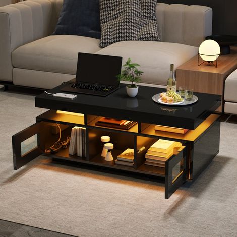 Table Basse Finition Brillante avec LED, Prise et USB - 100x50x43cm - Table de Salon avec Placards pour Bureau et Séjour - Noir (1/5)