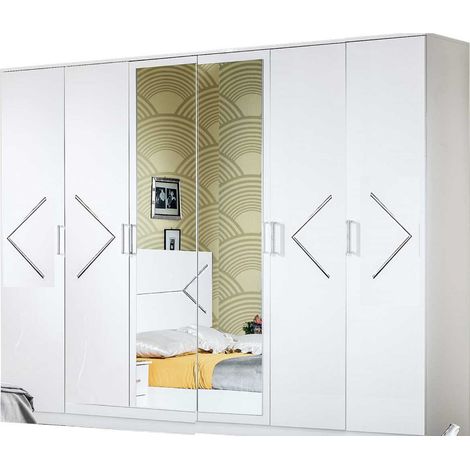 Grande armoire de chambre design 6 portes battantes bois blanc laqué et métal argenté Diamanto 270cm (1/3)