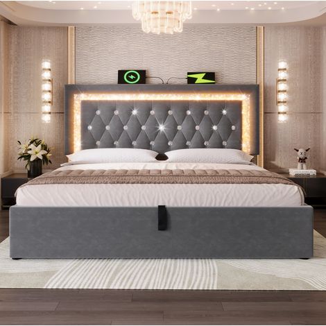 Letto imbottito 140x200 cm in velluto grigio, testiera LED, USB Type-C, contenitore idraulico e rete a doghe (1/5)