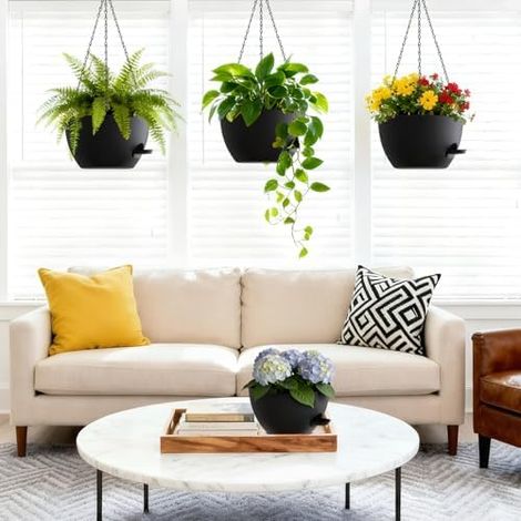 25cm Selbstbewässernde Hängende Blumenampel 2er-Set – Blumentopf Hängend Innen & Außen, Hängeblumentöpfe mit Drainage für Balkon, Wohnzimmer, Küche,Schwarz