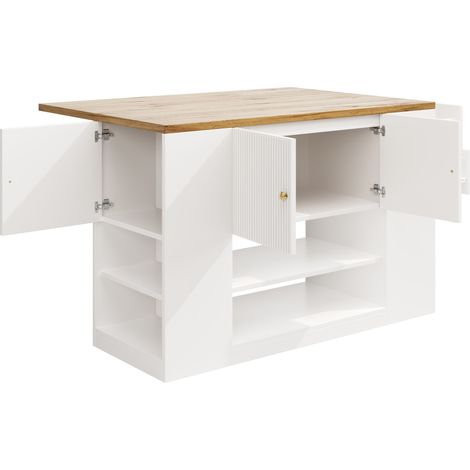 Îlot de cuisine multifonction avec rangement, plateau pliant et étagères, MDF blanc, 140x40x90 cm (1/5)