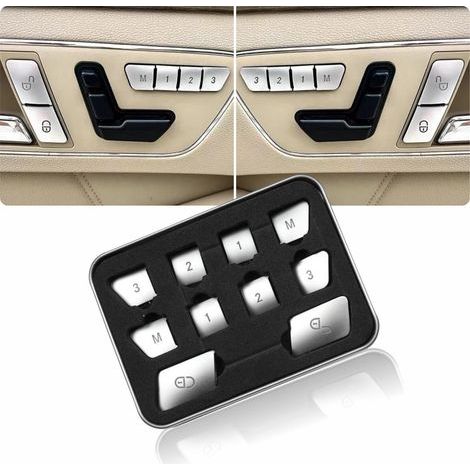 Türschalterabdeckungen mit Sitzpositionsspeicher, Chrom-Dekoraufkleber für Verriegelungs-/Entriegelungstasten, kompatibel mit Mercedes Benz CLA CLS GLA GLE GLK GLS ML GL ABCE-Klasse, Silber (12 Stück)