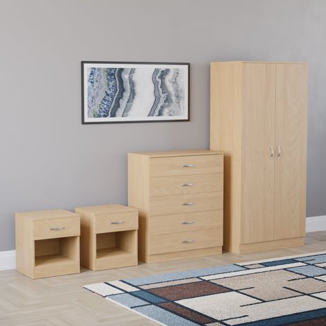 Riano 4 Piece Bedroom Set (1 Drawer Bedside Chest, 5 Drawer Chest, 2 Door Wardrobe) Pine (1/5)