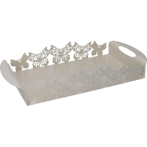 Vassoio Rettangolare 41x20xh6,5 cm in Metallo Design Farfalla Crema