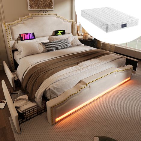 Cama matrimonio con cajones, LED y USB-C 140x200 OKMYHOME (1/5)