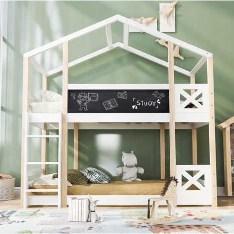 Hochbett Kinderbett aus Massivholz Weiß 90x200 cm mit Tafel, Leiter und Lattenrost (1/5)
