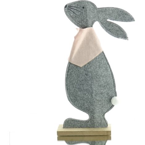 Oster-Deko Hase Grau stehend auf Holzbasis mit Schleife 43 cm - Filz