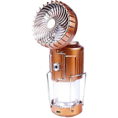 Lanterne solaire de camping 6 en 1 (dorée) avec ventilateur et lampe LED portable pour la randonnée et la pêche en extérieur. (1/5)