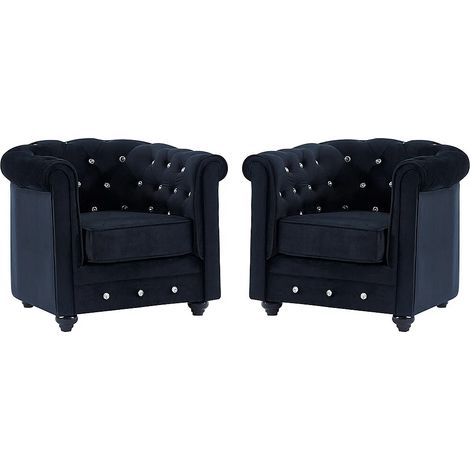Vente-Unique – Lot de 2 fauteuils Chesterfield en velours noir – Dossier capitonné – Structure bois – Confort optimal – Dimensions 85x72x78 cm (1/3)