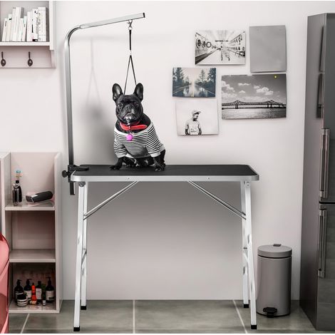 Table de toilettage pour animaux 90 x 60 x 76 cm, bras réglable, avec laisse, noir et blanc DESVIAE (1/5)